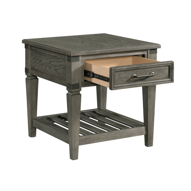 Harpersfield Foundry 24" Wide End Table with Drawer and Shelf, Brushed Pewter