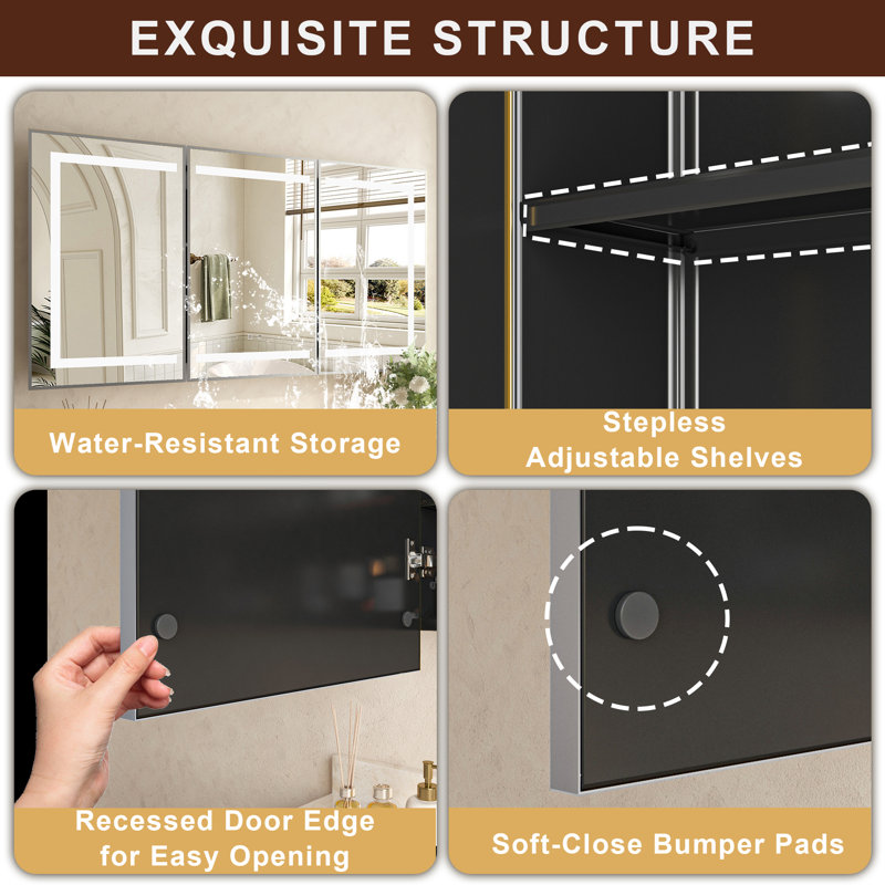 Recessed & Surface LED Lighted Bathroom Medicine Cabinet with mirror,Tempered Glass, 3-Color, Soft Close, Memory Function