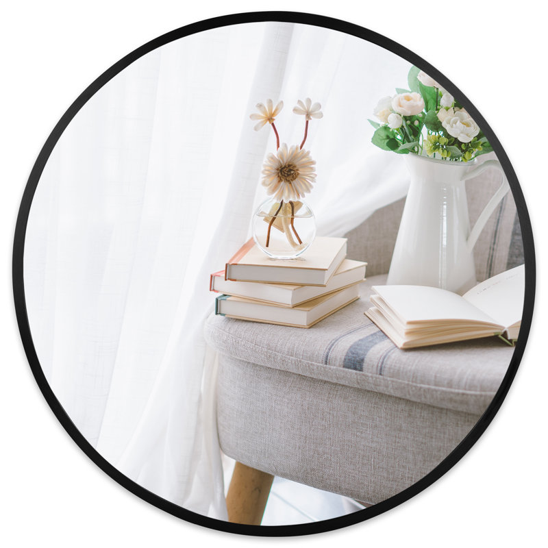 Miroir rond moderne en aluminium, Noir, 28 po x 28 po