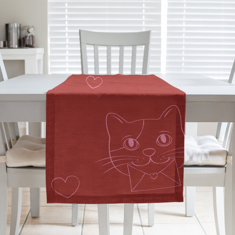 Chemin de table chats saint-valentin hol, L 90 po x l 16 po, Rouge / rose, Mélange de coton