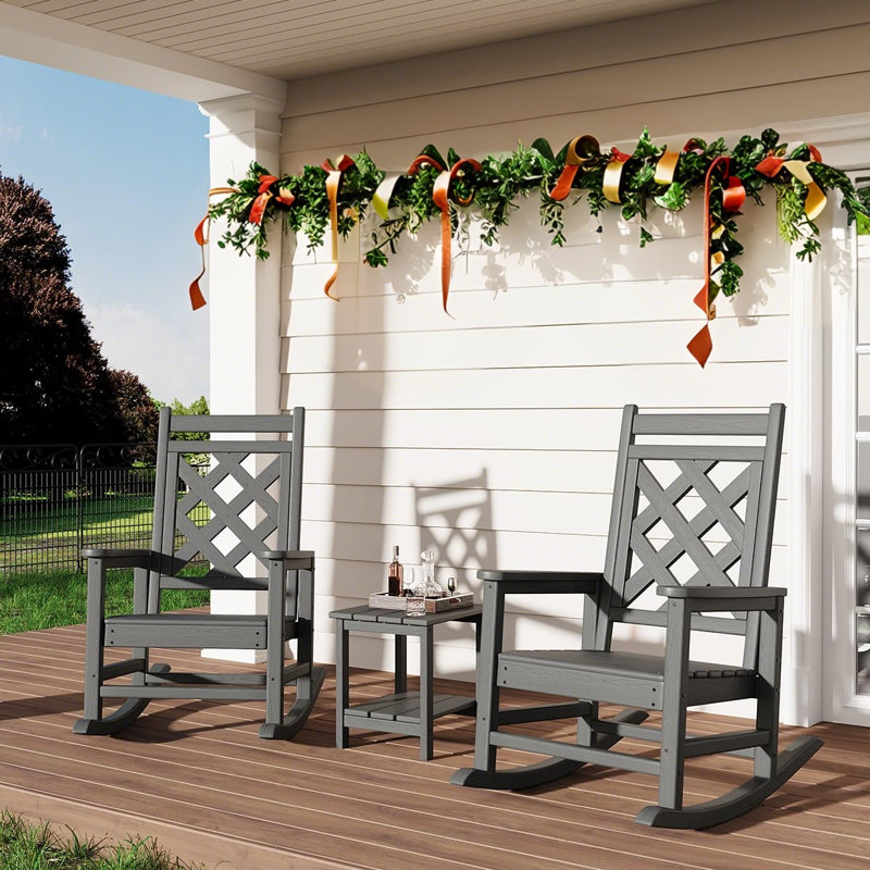 Oversized Rocking Chair Outdoor Set of 2 with Side Table,HDPE Adirondack Rocking Chair with Wood Texture - 380Lbs & Weather Resistant for Deck, Patio, Pool, Backyard