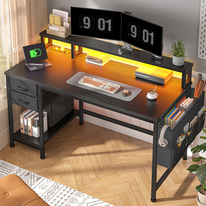 Bureau d'ordinateur avec support pour écran, prise de courant, 2 tiroirs et poche latérale, bureau de jeu avec lumières DEL