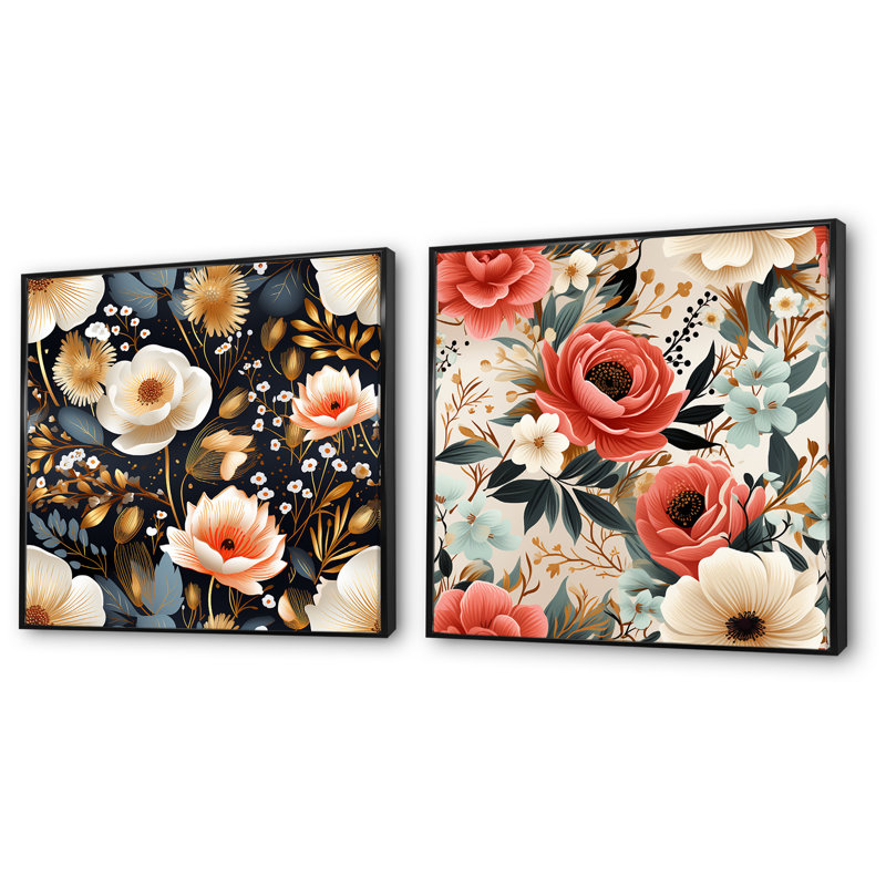 Baconton - ensemble de 2 impressions sur toile florales, Cadre noir, H 36 po x l 73 po x P 1,5 po