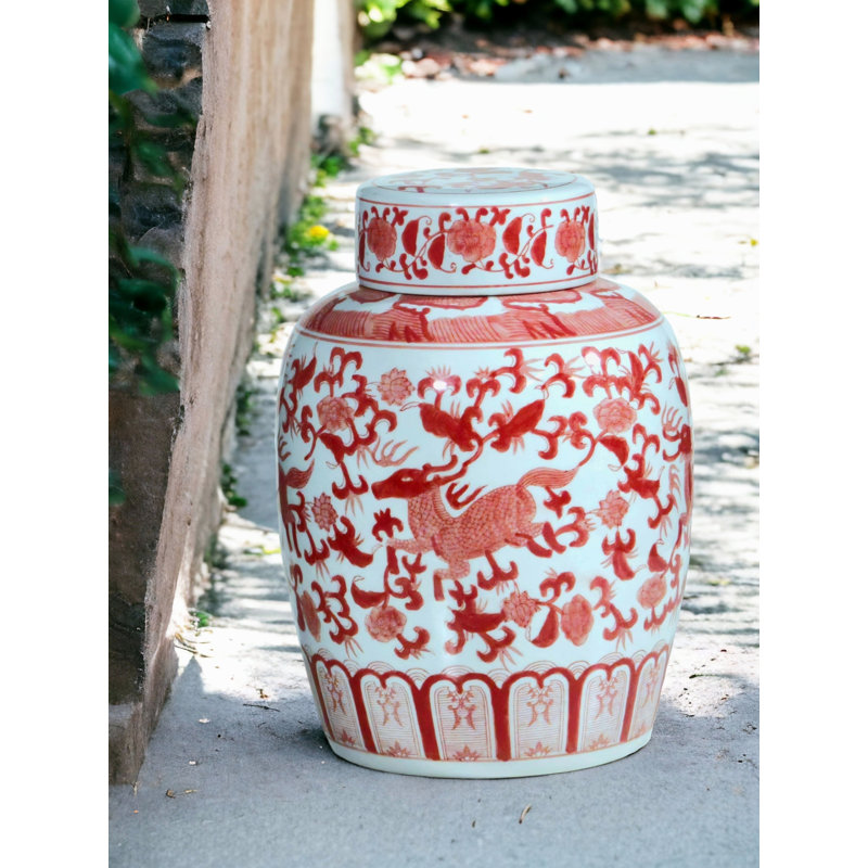 15" Porcelain Ginger Jar with Chinoiserie Deer Design, Red