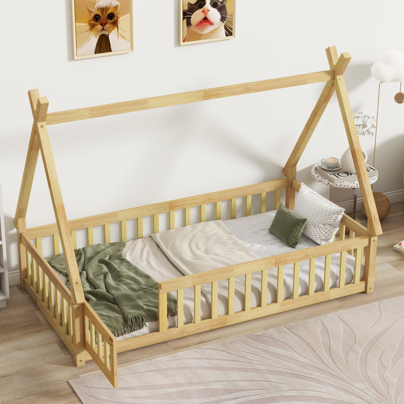 Ames Tent-Shaped Floor Bed with Wooden Frame, Guardrails & Door, Natural, Twin