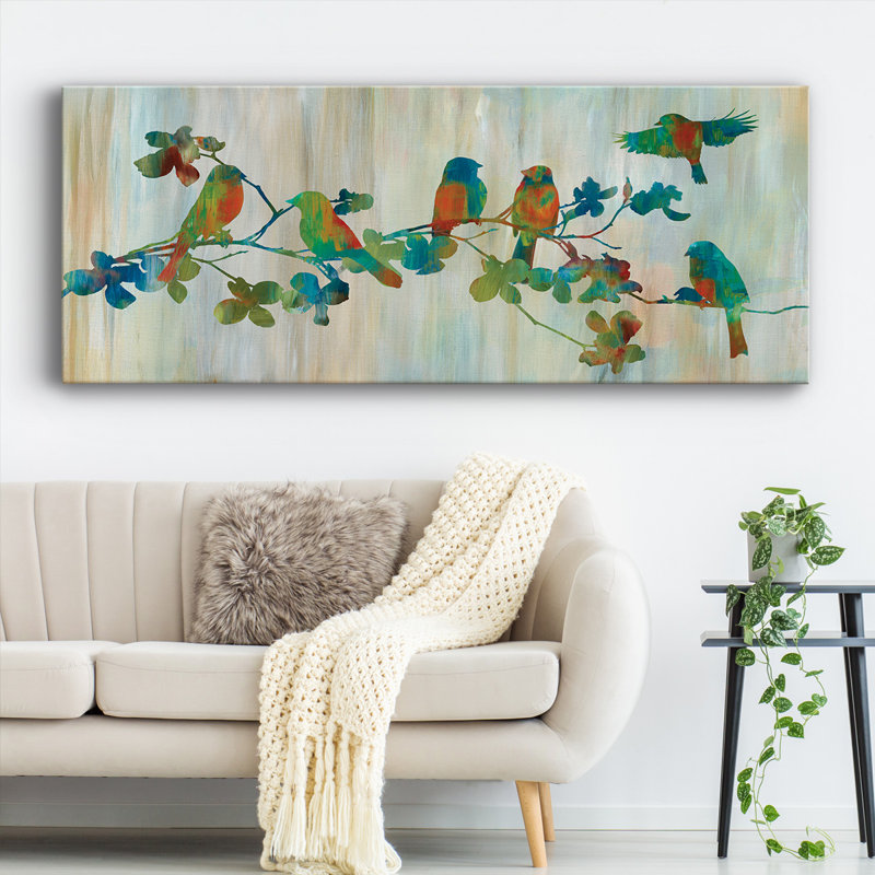 Oiseaux sur une branche sur toile, H 20 po x l 50 po x P 1,5 po
