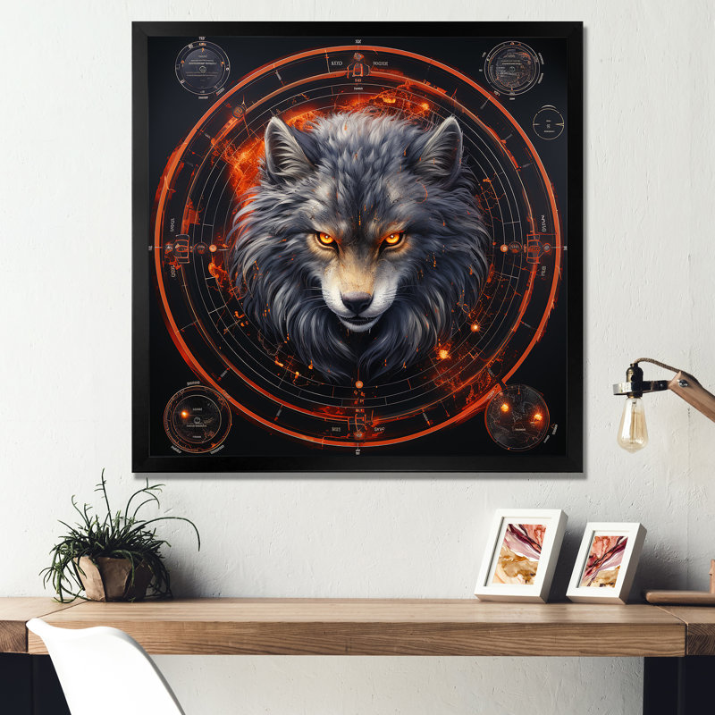 Gris, schématique, créatures de loups - Mythical Creatures, art mural, Cadre simple noir, H 16 po x l 16 po x P 1 po