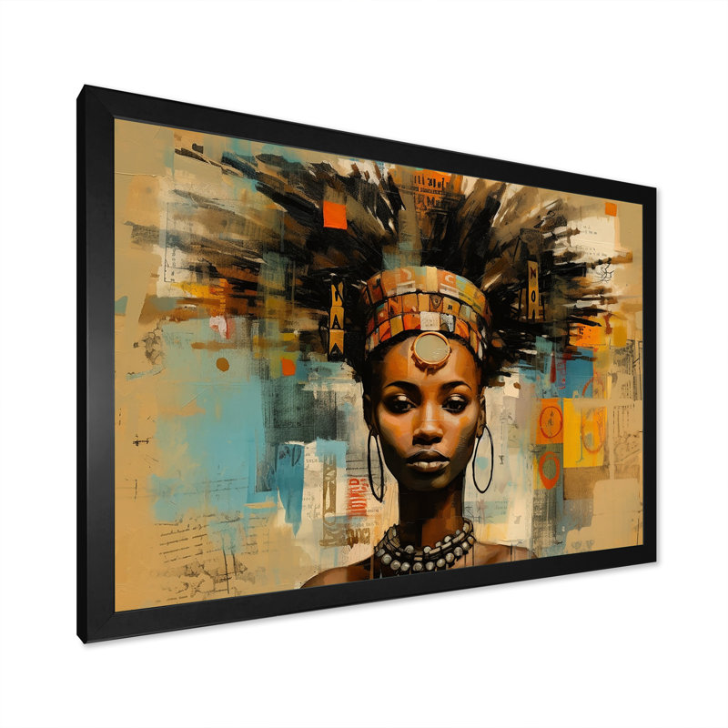 Tribal déesse portrait africain contemporain, H 30 po x l 40 po x P 1,5 po, Cadre simple noir