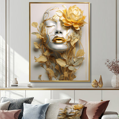 Portrait de femme blanche et dorée avec feuilles II - Fashion Woman, reproduction sur toile