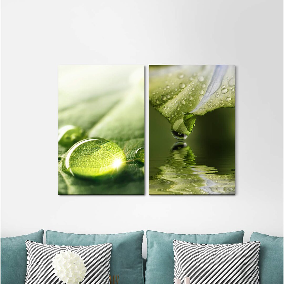 2-tlg. Leinwandbilder-Set - Grafikdruck „Green Water Drops Fresh Calming Harmony Water”