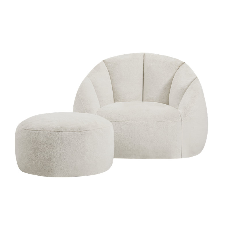 Large Compression Bean Bag Chair Shell Shaped Bean Bag Sofa with Ottoman, Beige Microfiber/Microsuede