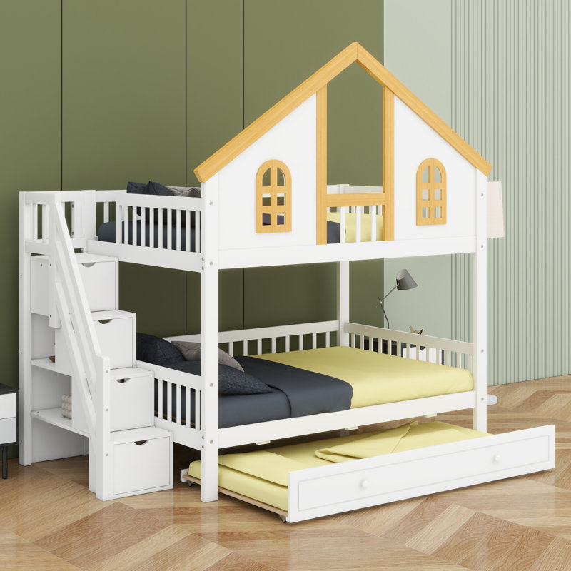Lit superposé multifonctionnel en bois avec toit, escalier de rangement et lit gigogne, Lit double