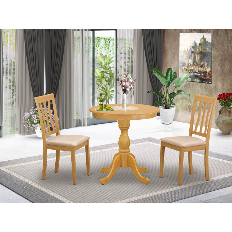 3 Piece Kitchen Table & Chairs Set Contains a Round Dining Room Table with Pedestal and 2 Linen Fabric Upholstered Chairs, Oak