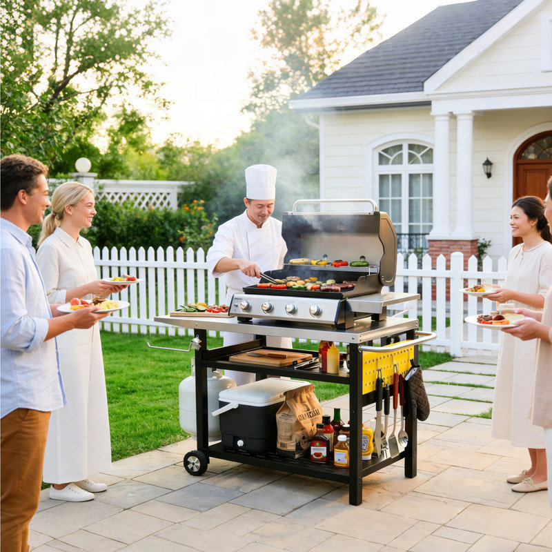 Table de préparation pour barbecue BBQ, table de travail à plat en acier inoxydable avec table d'appoint, chariots de table de barbecue à 3 niveaux avec roulettes, table de cuisson multifonctionnelle