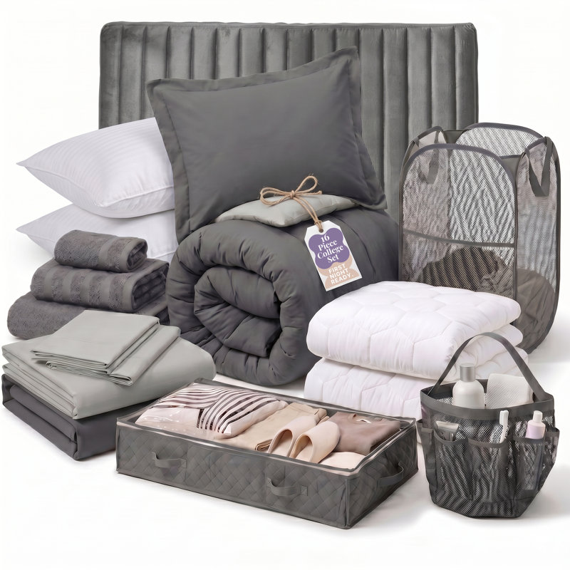 Ensemble de dortoir pour Collège simple 16 pièces AMYX, Velvet Headboard, Grey, Down Alternative pillows
