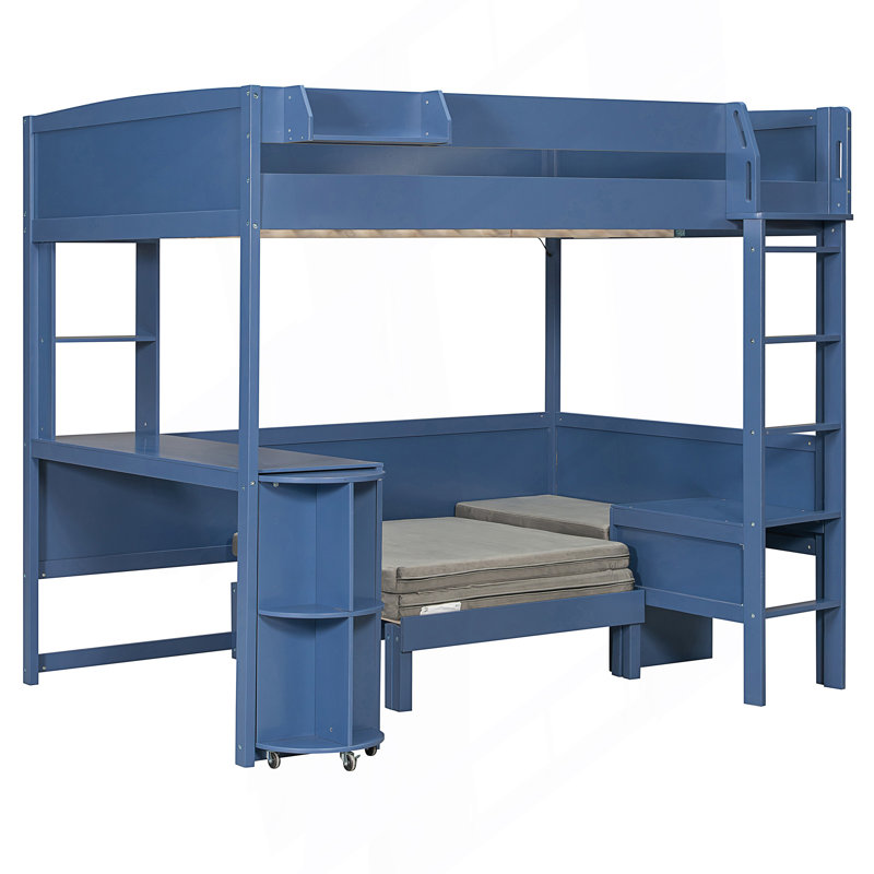 Lit mezzanine double avec bureau, tablette de rangement de chevet, canapé et lumière, Navy Blue