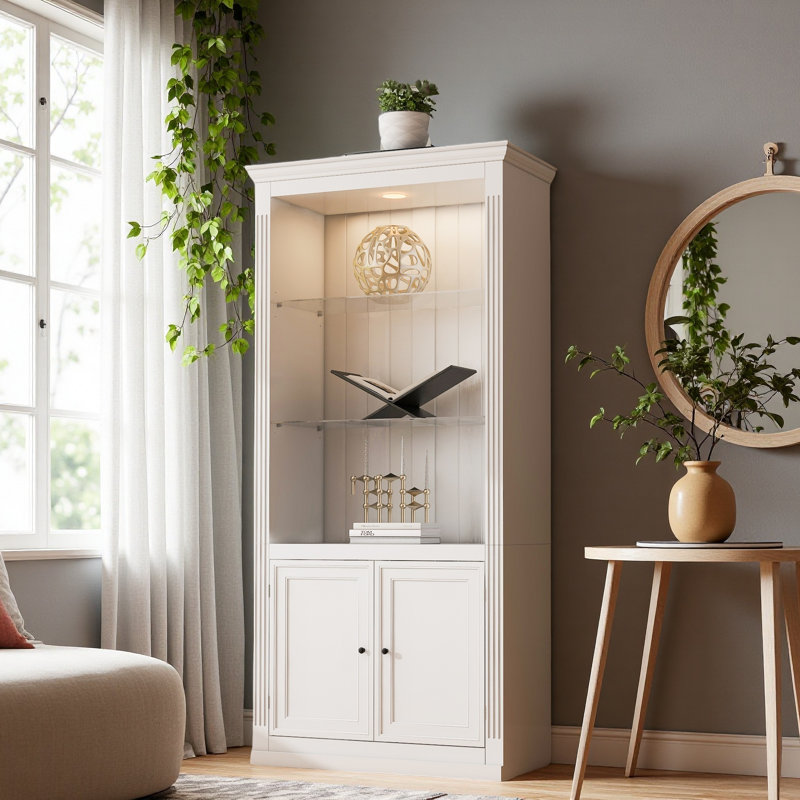 Vitrine de 78,75 po de hauteur avec bibliothèque 3 pièces avec plafonnier réglable à DEL 5 couleurs, tablettes de style rétro avec tablettes en verre trempé pour le salon, le bureau, le studio ou l'espace de travail