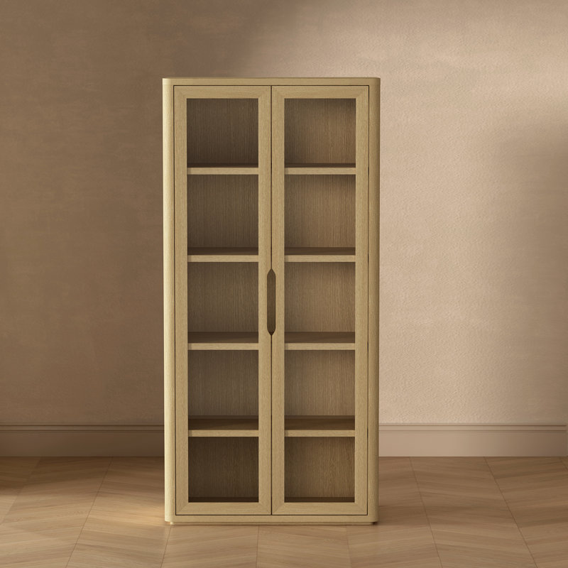 Rivington 79" H x 38" W Modern 5-Shelf Bookcase Cabinet with Glass Doors in Natural Oak, Natural Oak