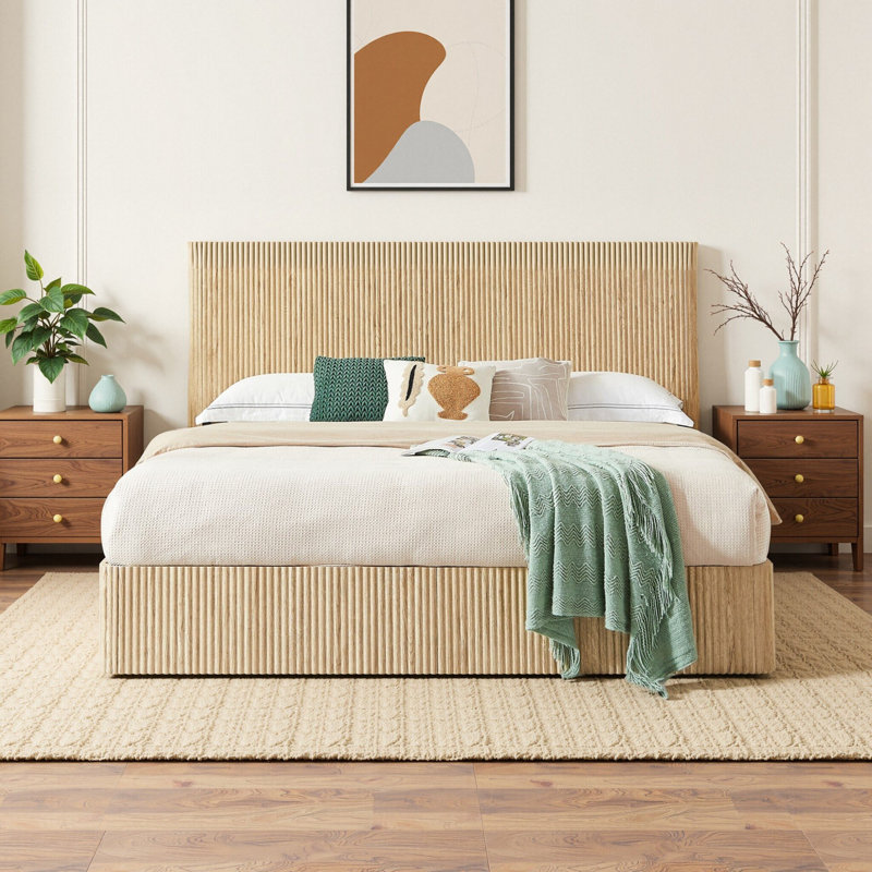 Lift Up Hydraulic Storage Bed Frame, Beige, King