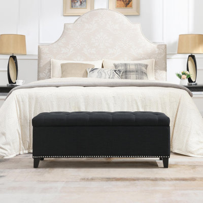 Repose-pieds de rangement de 47,5 po, banc de rangement avec charnière de sécurité, repose-pieds capitonné en lin pour le salon, le vestibule, le couloir, le repose-pieds, soutien 500 lb - noir