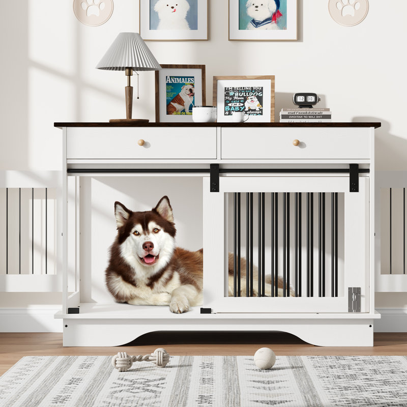 Meuble pour chien 47 po, 2 tiroirs de rangement et cloison amovible 47 po, Blanc