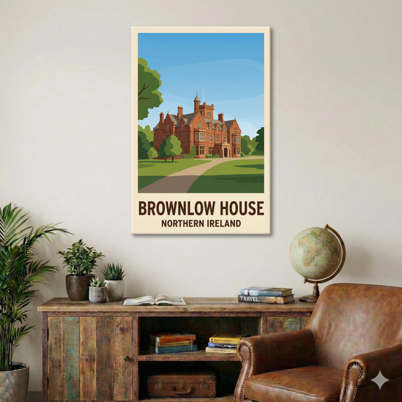 Brownlow House, Northern Ireland - Romantic Red-Brick Country House Travel Poster. Giclee Print On Wrapped Canvas. Wall Art, Home Decor - Castles & Palaces, Northern Ireland - Wrapped Canvas Print