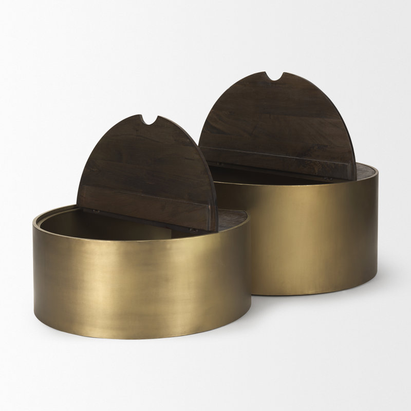 Kenzie Nested Drum Coffee Tables with Storage, Mango Wood Top & Metal Base, Gold, Dark Brown