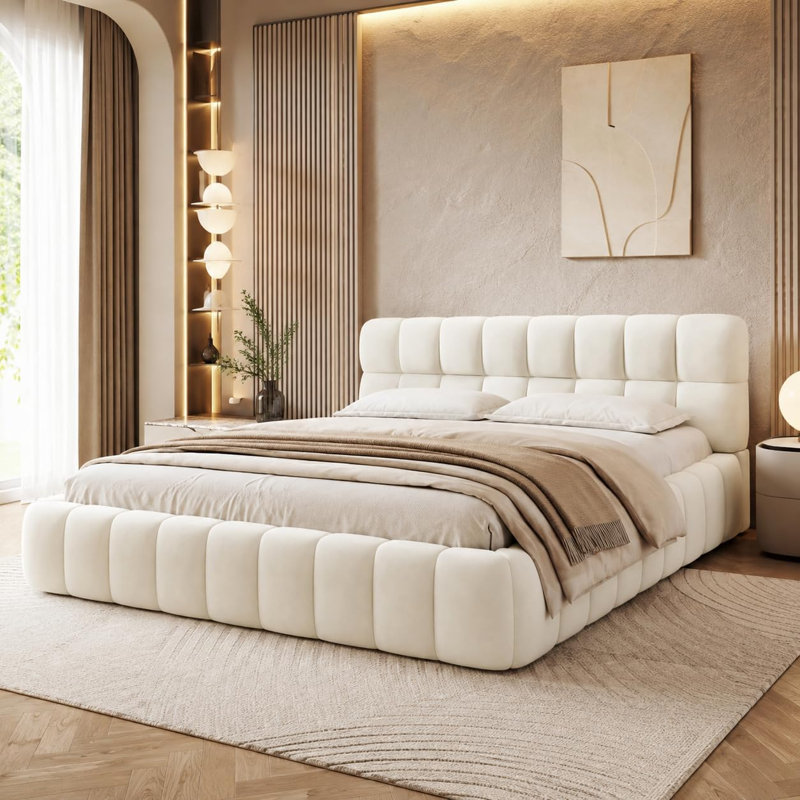 Upholstered Double Bed with Unique Mattress Design, Double (4'6), White