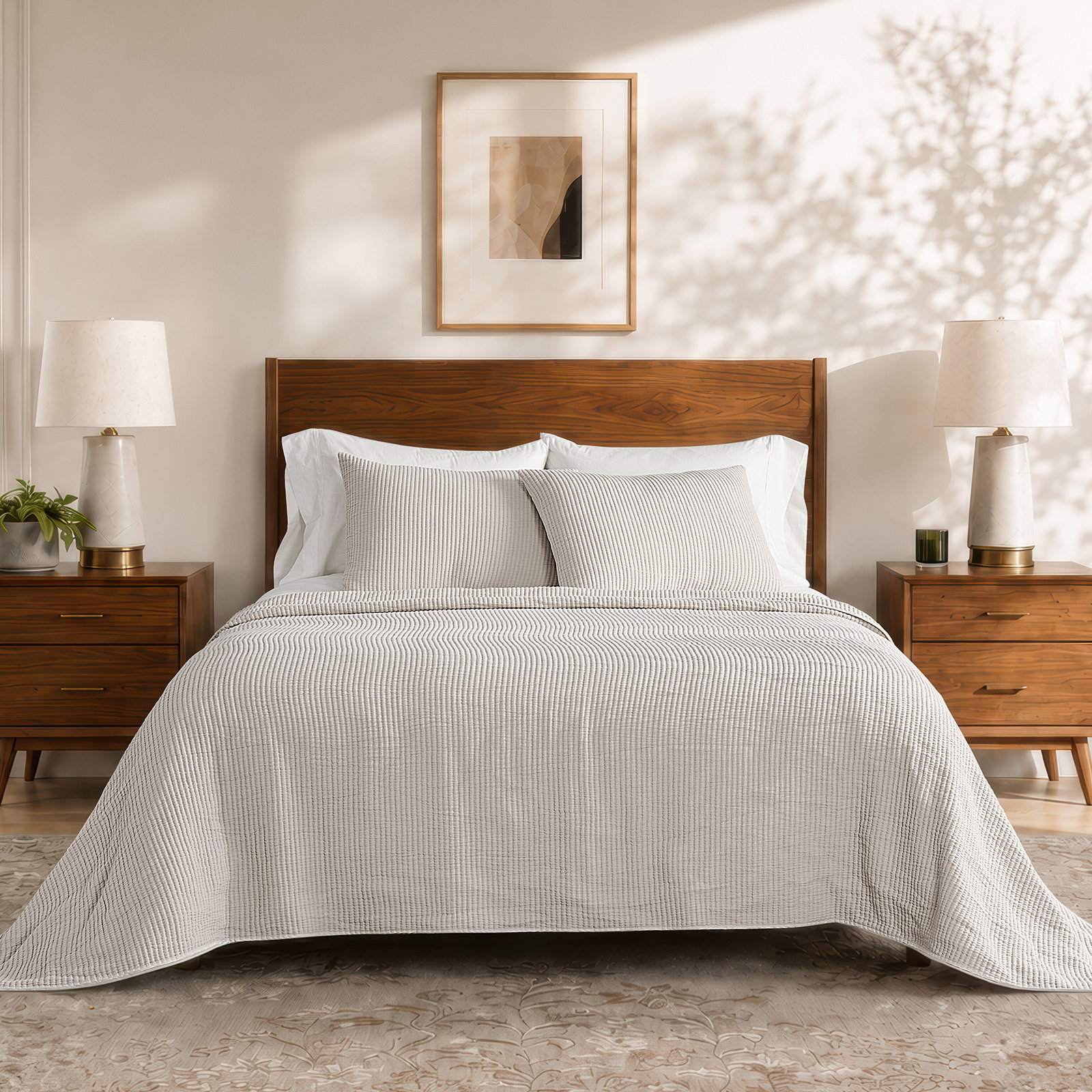 Ribbed Cotton Coverlet Set, Oversized King Quilt + 2 Shams, Birch
