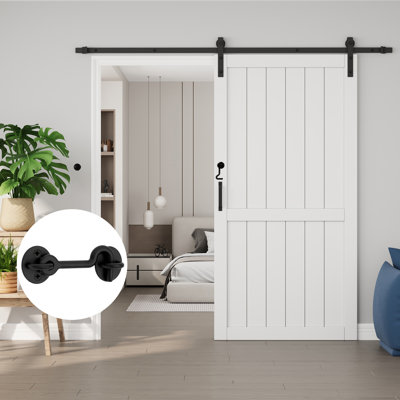 Porte de grange coulissante de 84 po en bois manufacturé massif apprêté avec surface blanche et placard avec quincaillerie (serrure incluse)