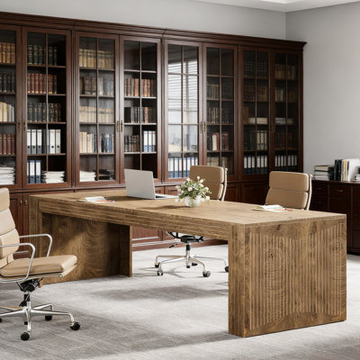 Bureau d'ordinateur de 200 cm de long, style minimaliste contemporain, fini bois brun, plateau en E0, pieds réglables, double espace de travail spacieux pour deux écrans et une imprimante, montage facile.