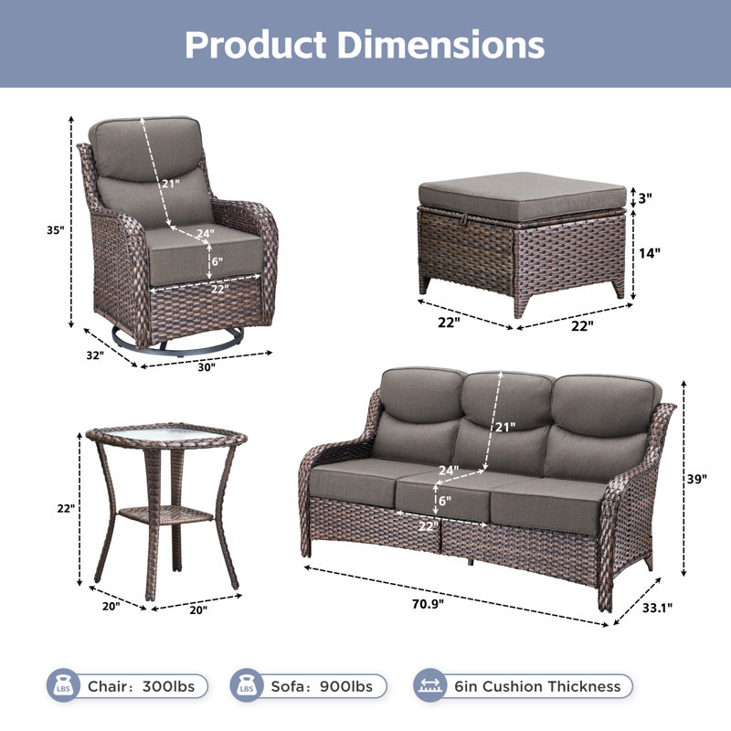 5 Person Outdoor Rattan Garden Conversation Set With Ottomans, Brown, Gray