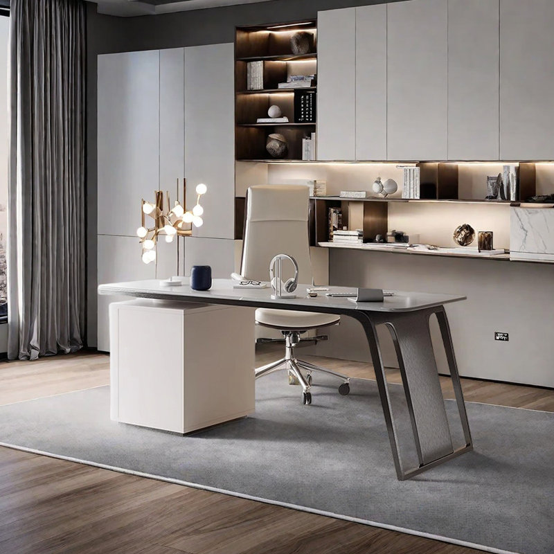 Bureau unique en pierre frittée, Blanc / Gris