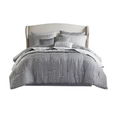 Queen 10 Piece Grey Comforter - Luxury With Embroidered Geometric Pattern, Feature, All Season Comfort, Quilt And Decorative Pillows Comfortable Bartack Design, Shams 15 Inch Bed Skirt