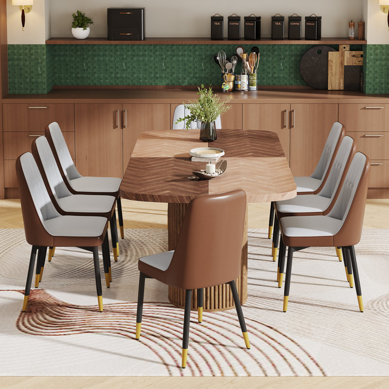 Ensemble de table de salle à manger 78,7 po, Bois brun / bois naturel, 9 pièces : table, 8 chaises, Gris clair / Brun