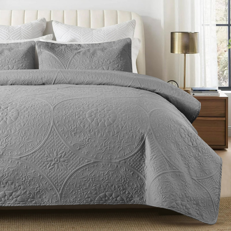 Couvre-lit matelassé toutes saisons à motif floral, Twin Bedspread + 1 Standard Pillowcase, Gris
