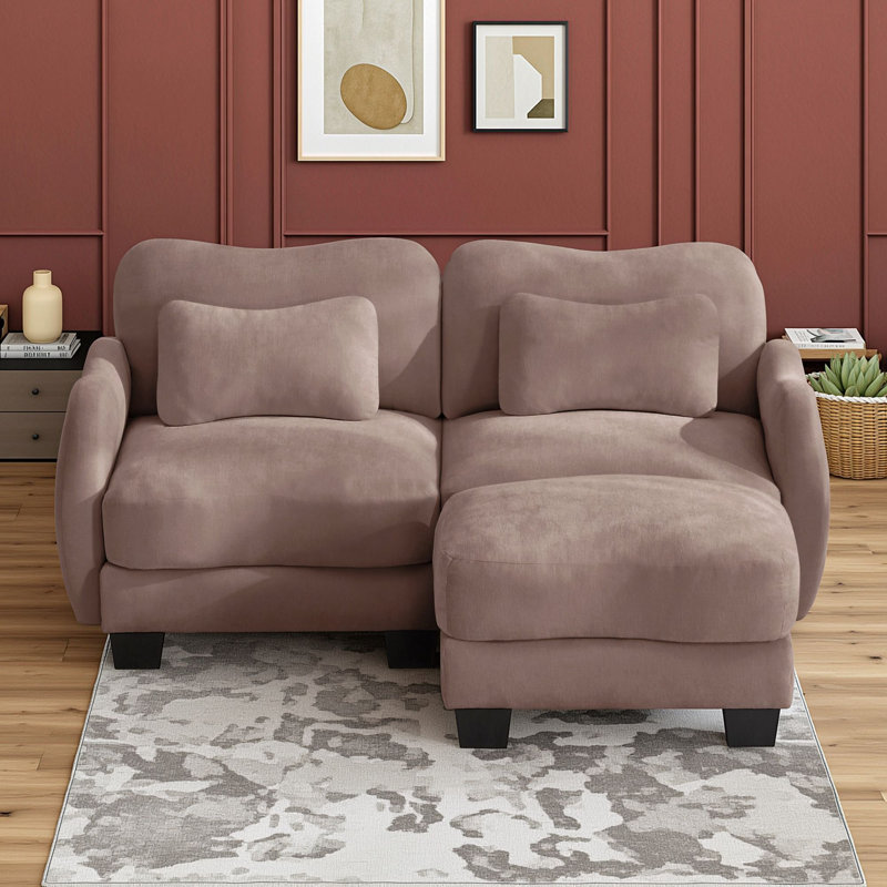 Canapé d'angle en chenille avec pouf amovible et coussins, Rose poussière