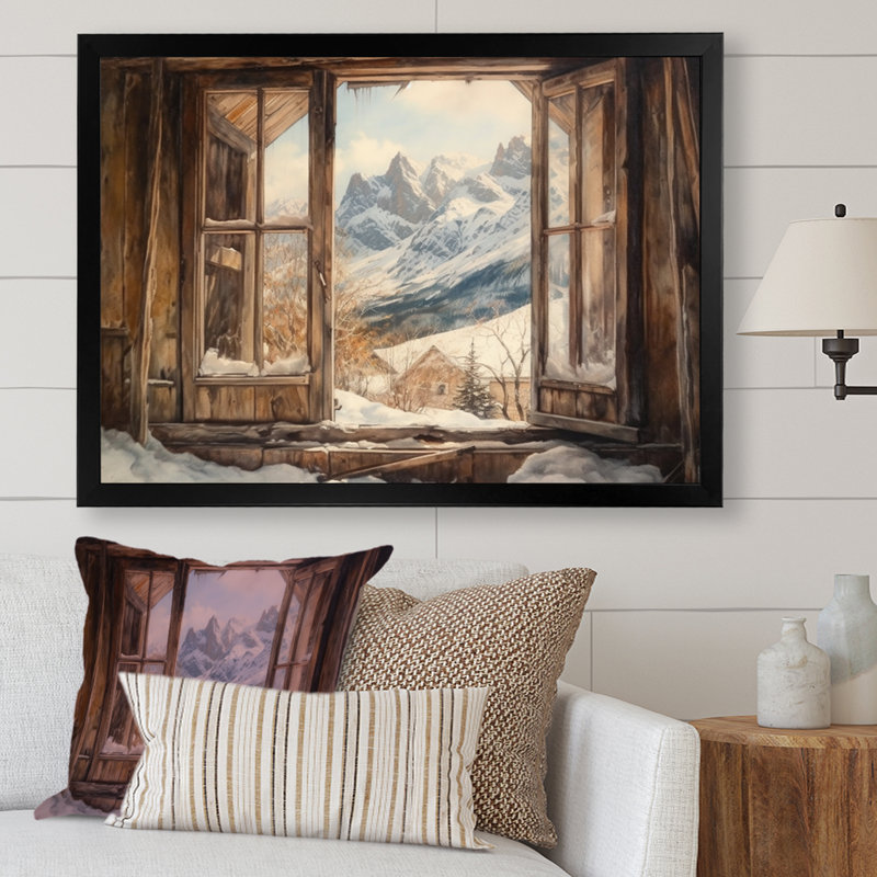 «Robet Cottage Window View Of Snowy Mountains», reproduction sur toile, H 30 po x l 40 po x P 1,5 po, Cadre photo noir