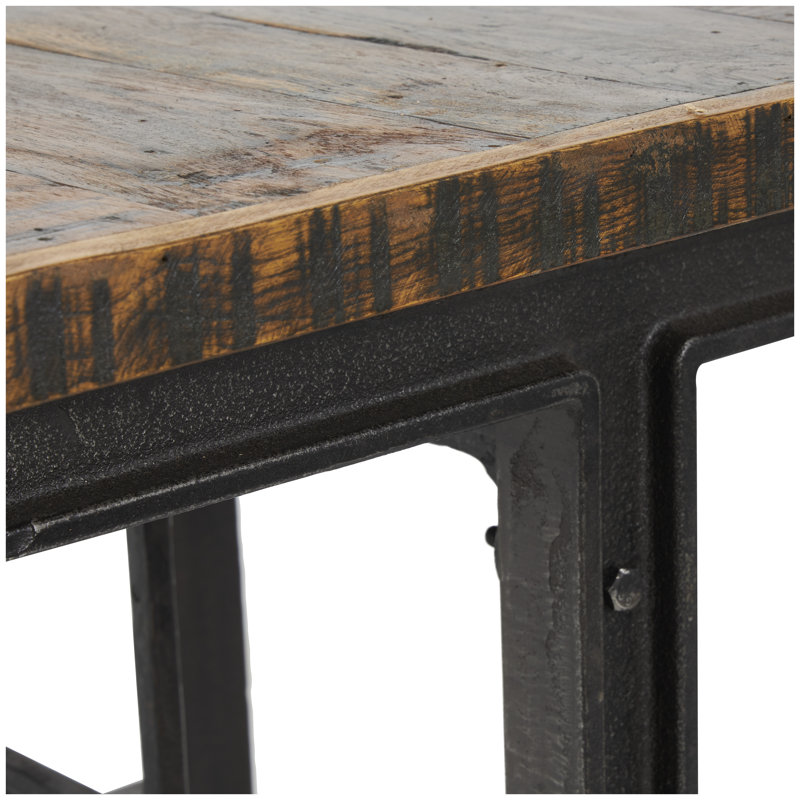 Teak Wood Dining Table with Attached Seats, Bronzed, Black, 31.13" H x 35" W x 42" L