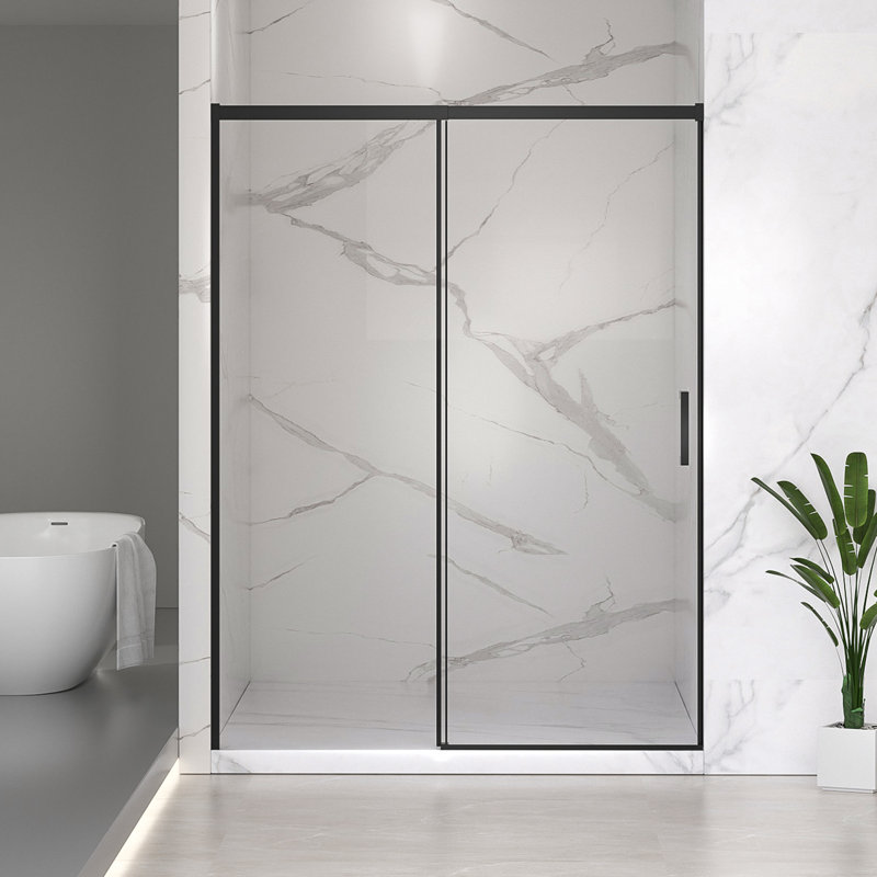 Porte de douche coulissante semi-sans cadre l 56 à 60 po x H 74 po, verre trempé clair de 1/4 po (6 mm), fini noir mat, largeur réglable - aucune découpe requise