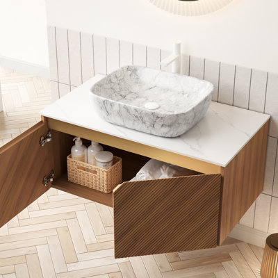 36 - Inch Bathroom Vanity Unit: Floating Plywood, Twill Decorated Double Doors, Marble Vessel Basin, White Sintered Stone Top In Oak With Plywood Storage, Doors Metal Trim, Surface