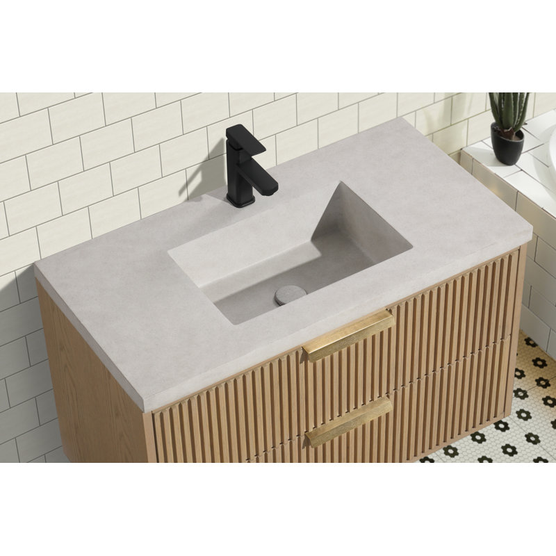 Anelie 36'' Single Bathroom Vanity with Concrete Top, Oak, Gold