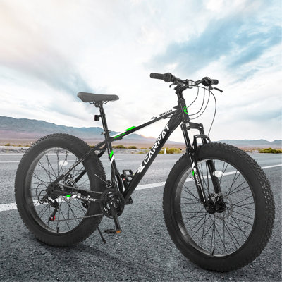 S26109  26 Inch Fat Tire Bike Adult/Youth Full Shimano 21 Speed Mountain Bike, Dual Disc Brake, High-Carbon Steel Frame, Front Suspension, Mountain Trail Bike, Urban Commuter City Bicycle