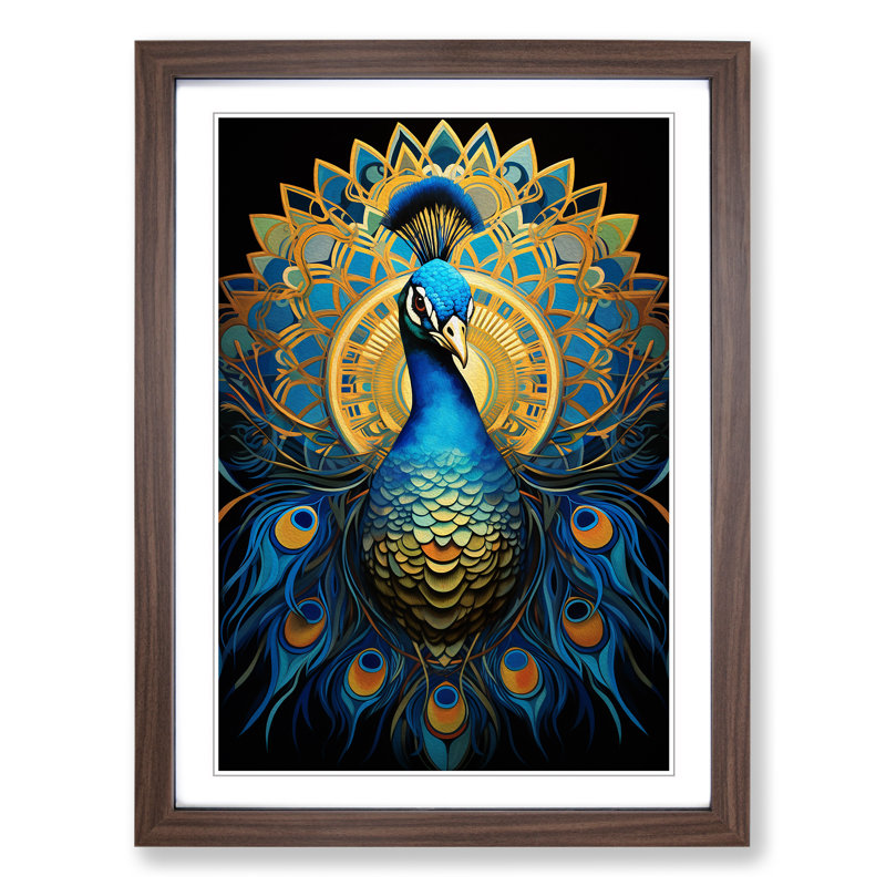 Peacock Geometric - Single Picture Frame Print on Wood, Walnut Framed, 34cm H x 25cm W