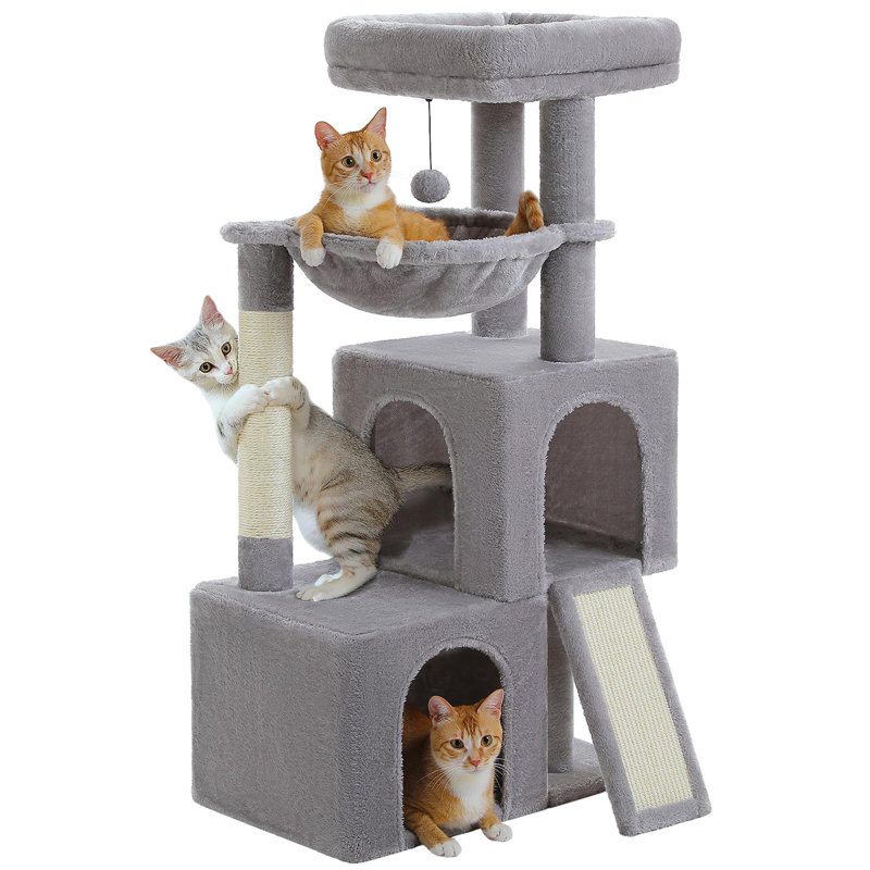 Tour pour chat à plusieurs niveaux avec 2 appartements spacieux, hamac confortable, aire de repos rembourrée, griffoir et balle remplaçable