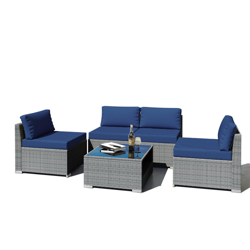 Ensemble de conversation d'extérieur pour 4 personnes avec coussins Jemyah, Bleu