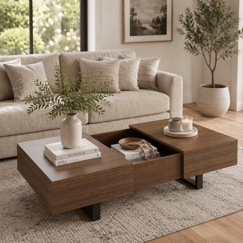Sliding Top Coffee Table with Hidden Storage, Expandable Wood Tabletop Design, Modern Mid-Century Coffee Table with Storage Compartment