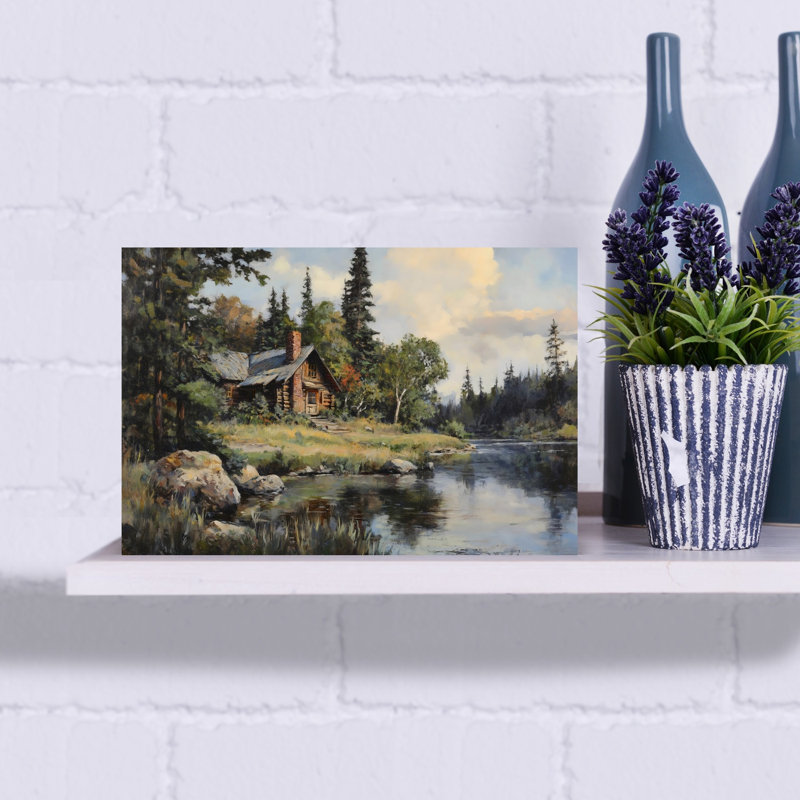 «Creek Cabin II Peaceful Realistic Rustic Autumn Forest», reproduction d'art murale, H 12 po x l 18 po
