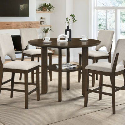 Contemporary 5-Piece Round Counter Height Dining Set – Light Beige Upholstery with Shelf