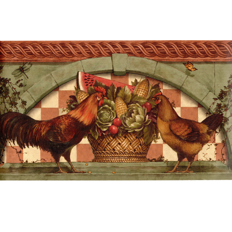 Rooster and Produce Wallpaper Border - White, Red, Green 15' L x 10.25 " W
